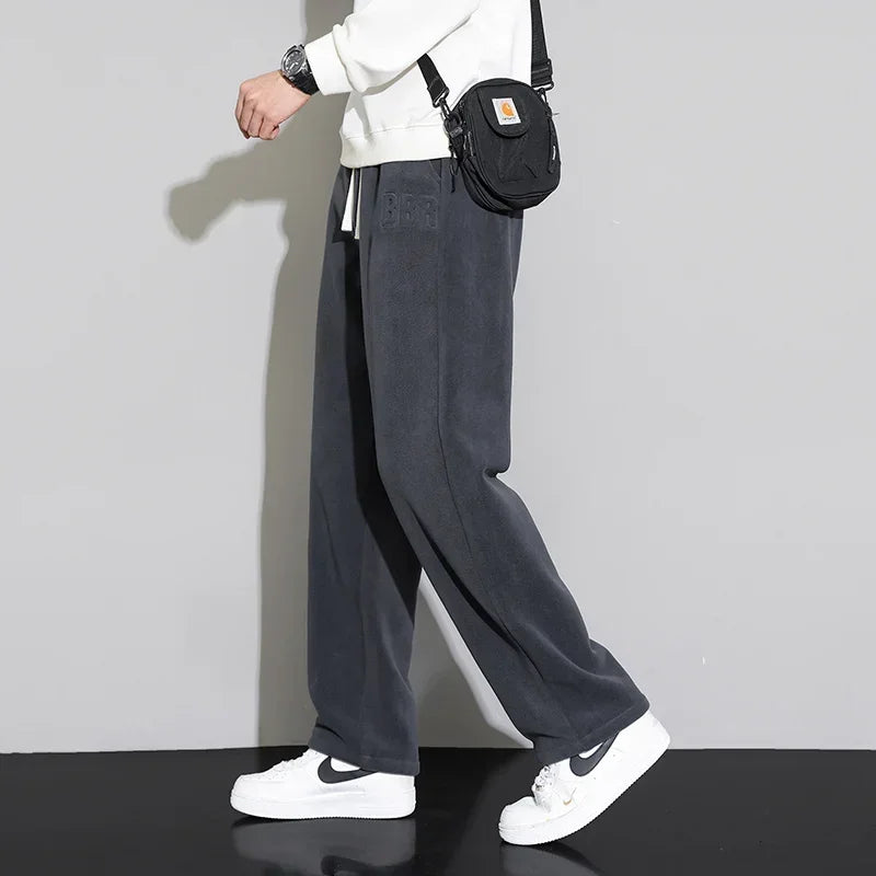 Winter Velvet Lining Trousers Men Outdoor Jogger Sweatpants Neutral  Solid Color Baggy Thickened Winter Fleece Loose Cargo Pants