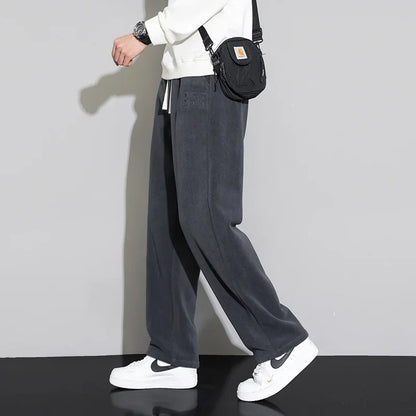 Winter Velvet Lining Trousers Men Outdoor Jogger Sweatpants Neutral  Solid Color Baggy Thickened Winter Fleece Loose Cargo Pants