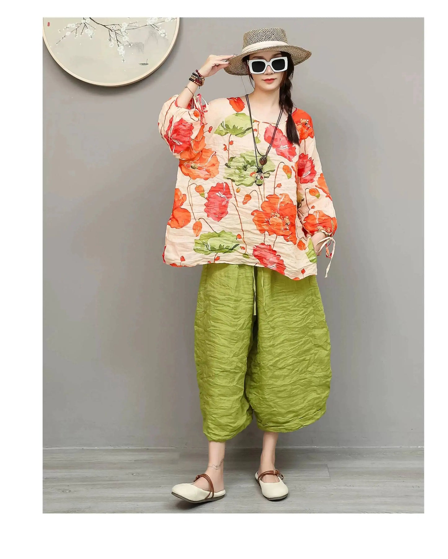 Artistic Ramie Suit Women Summer Floral Tie-up Top + Loose Wide-leg Cropped Pants Two-piece Set XY336