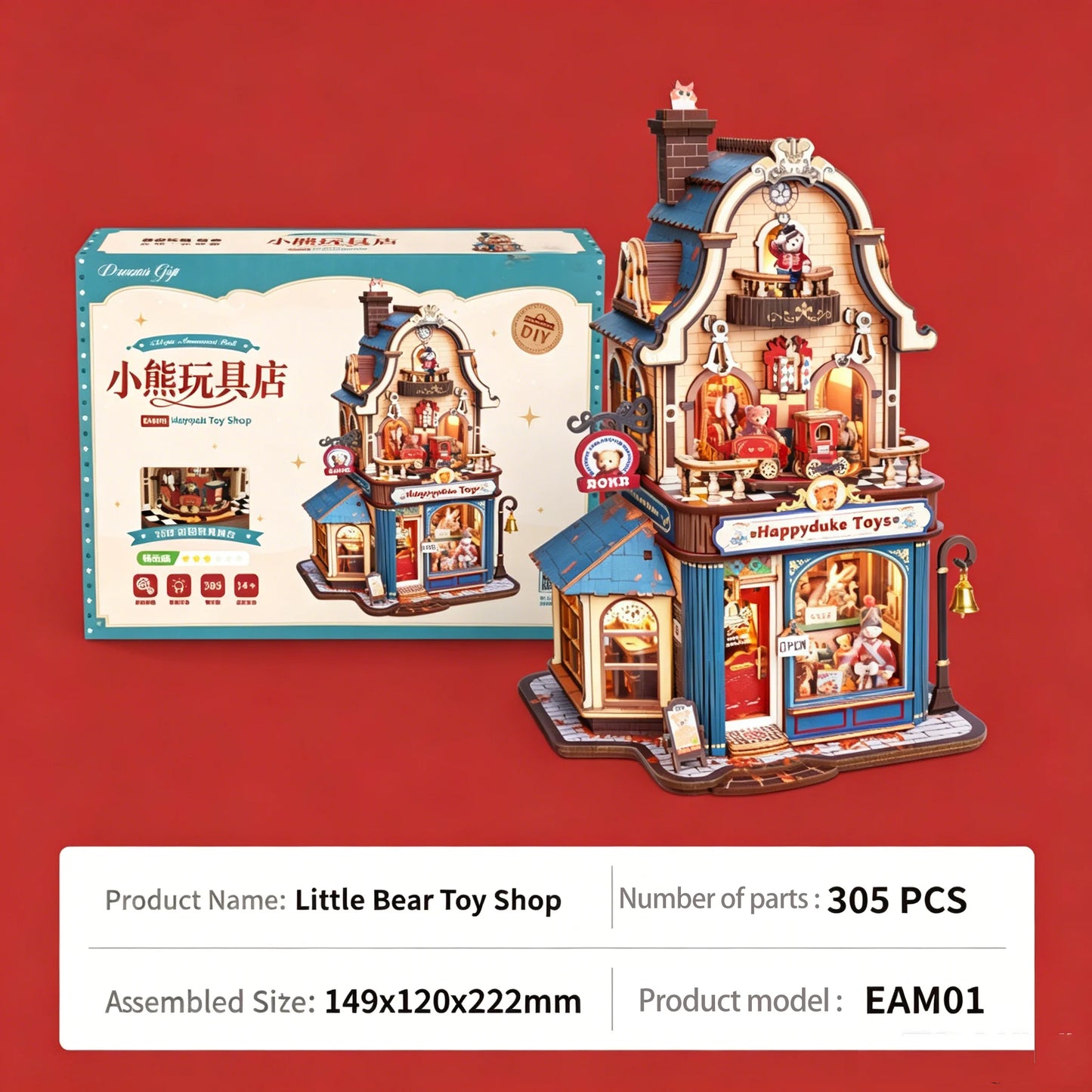 Bear Toy Shop Building Blocks 305 Pcs LED Light Music,3D Wooden Puzzles for Adults, Kids Gift Birthday Present Room Decor