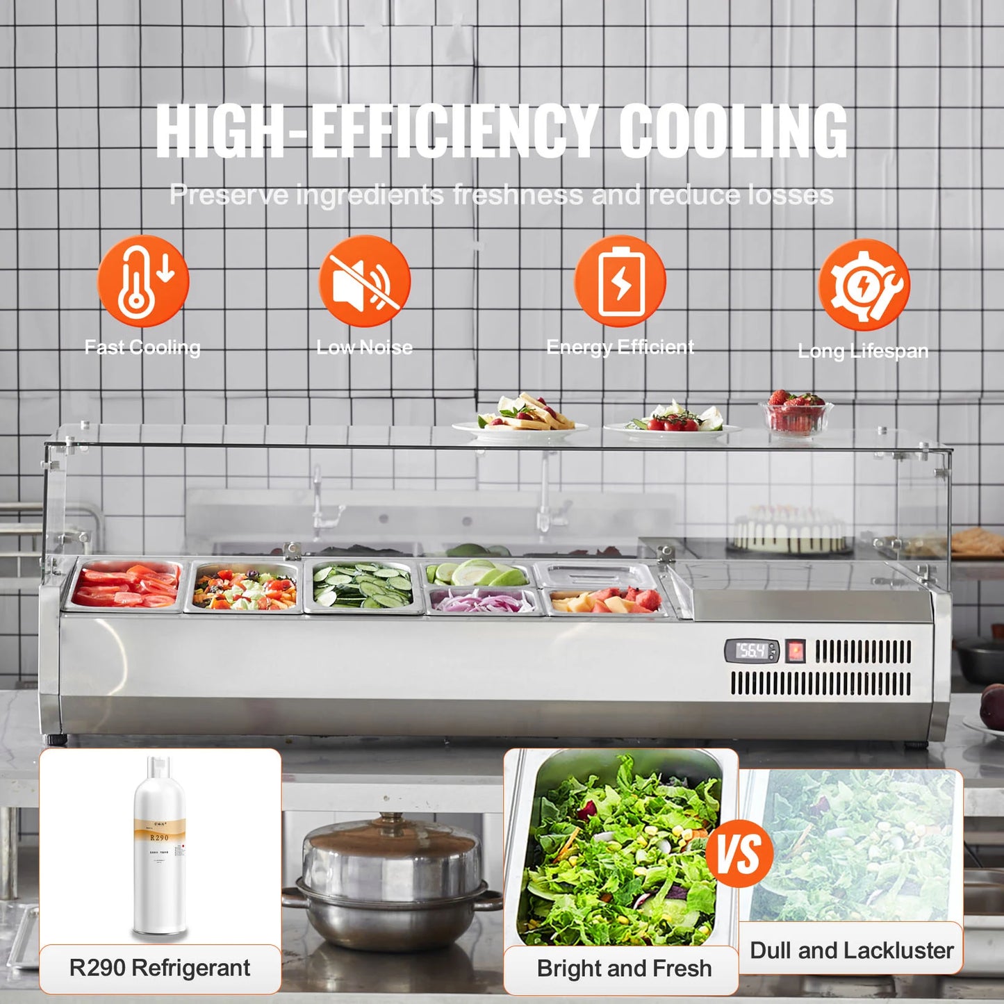 SucceBuy Refrigerated Condiment Prep Station with 3 1/3 Pans & 4 1/6 Pans 304 Stainless Body and PC Lid with Glass Guard ETL