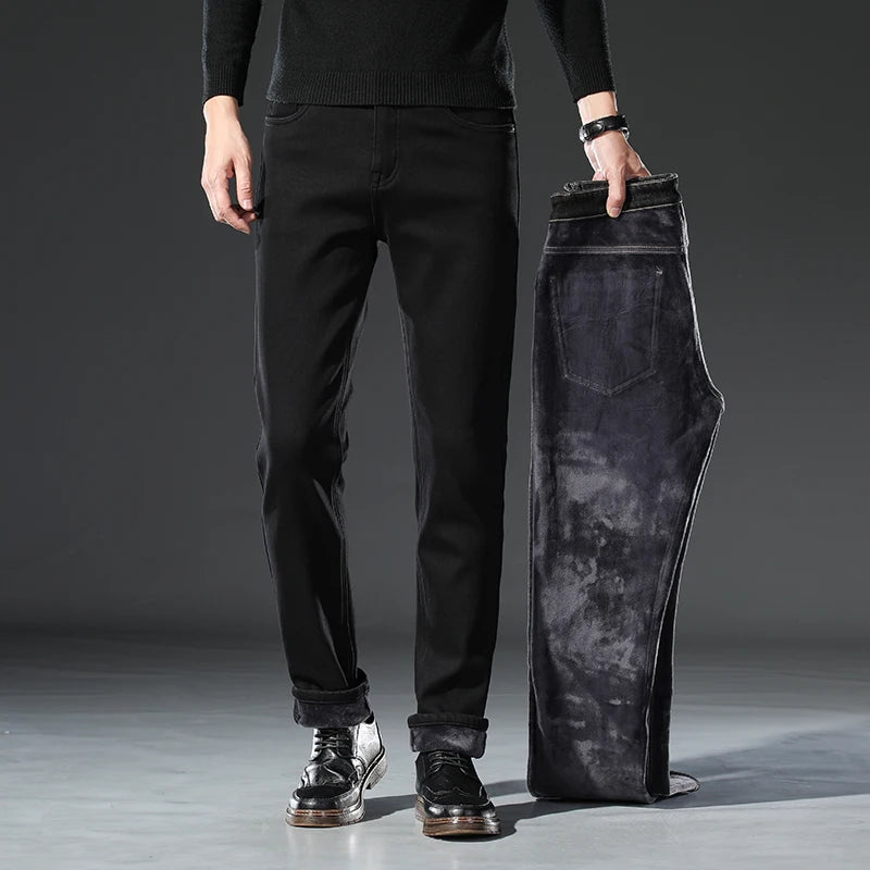 Winter Black Elastic Warm Jeans Men's High Quality Thick Fleece Elastic Slim Straight Denim Pants Korean Fashion Plush Trousers