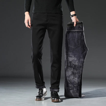 Winter Black Elastic Warm Jeans Men's High Quality Thick Fleece Elastic Slim Straight Denim Pants Korean Fashion Plush Trousers