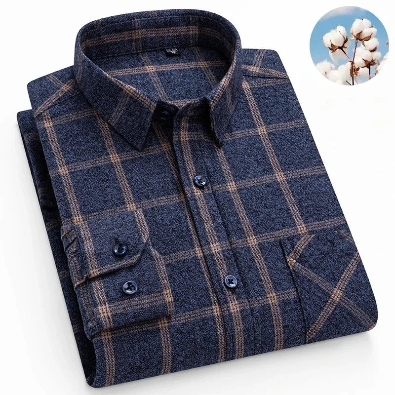 Autumn Winter Plaid Shirts Thick Flannel Shirt Standard-Fit for Men Long Sleeve Pure Cotton  Patch Pocket Design Young