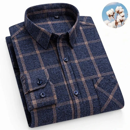 Autumn Winter Plaid Shirts Thick Flannel Shirt Standard-Fit for Men Long Sleeve Pure Cotton  Patch Pocket Design Young