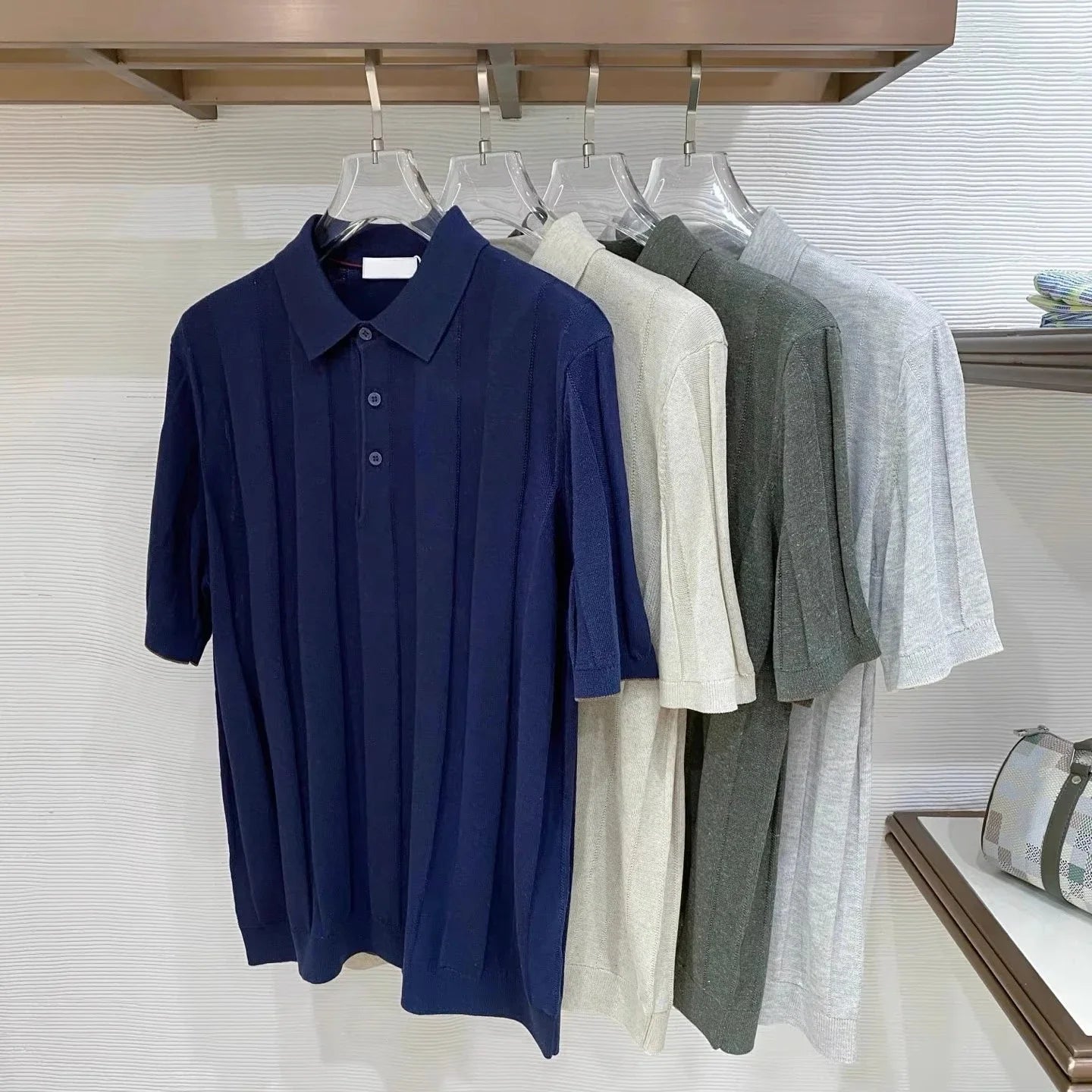 BC Yarn Linen Cotton Blended Lapel Striped Knitted POLO Shirt