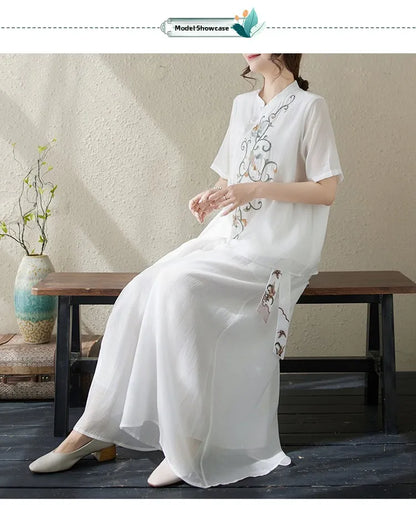 New National Style Heavy Embroidery  Set Women Summer Loose plus Size Fringed Wide Leg Pants Skirt Slimming Two Piece Set