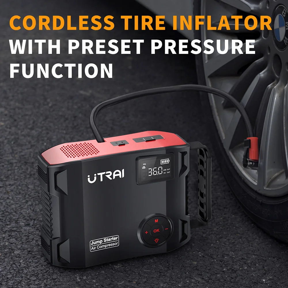 UTRAI Jump Starter 4 in 1 Pump Air Compressor 2000A  Power Bank 12V Digital Tire Inflator 150PSI Emergency Battery Boost