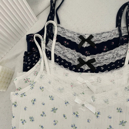 Bow Floral Eyelet Lace Trim Tank Tops Women Summer Cotton Sleeveless Slim Camisole Girls Sweet Cute Preppy Style Crop Top Y2K
