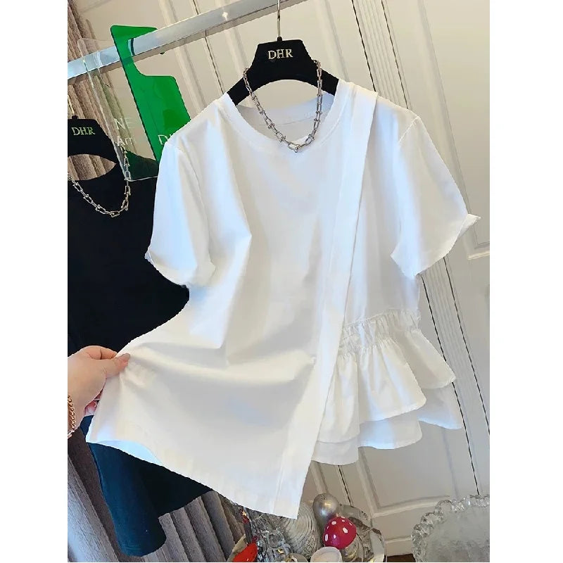 Loose Fit Pure Cotton Short Sleeve T-Shirt Women Summer Fashionable Casual Top Large Size 200 Pounds Asymmetrical Layering