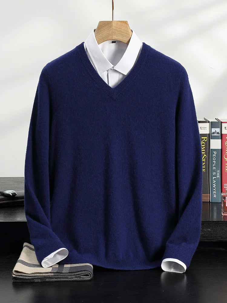 100% Cashmere Sweater Men's V-Neck Knit Pullover 2025 Spring/Autumn New Solid Color Long Sleeved Tops Business Casual Menswear
