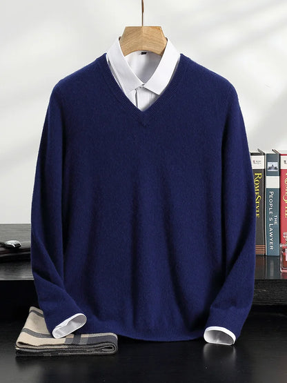 100% Cashmere Sweater Men's V-Neck Knit Pullover 2025 Spring/Autumn New Solid Color Long Sleeved Tops Business Casual Menswear