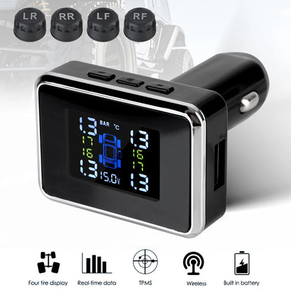 12V Cigar Lighter Adapter TPMS Car Tire Pressure Monitoring System With Digital Voltmeter USB Charger 3.0 Port 4pcs TPMS Sensors