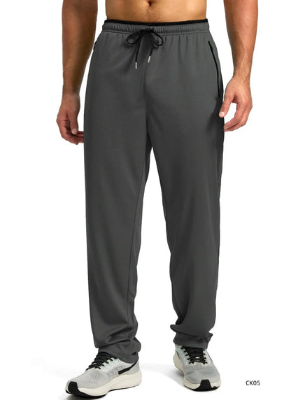 Men High Elastic Breathable Ice Cool Sports Long Pants Outdoor Quick Dry Straight Trousers Drawstring Waist Zipper Pocket Design