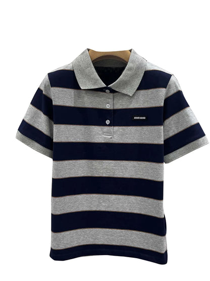 Sweet Cool Girl Spring New Style Miu Style Embroidered Letter Grey Blue Color Block Stripe  Short Sleeve Women's Top