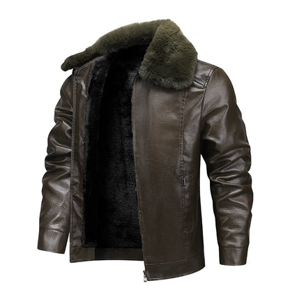 Fur Collar Men Faux Leather Jacket Winter Fleece Lined Biker Jackets Fashion Motorcycle Leather Coat Outwear Casual Streetwear
