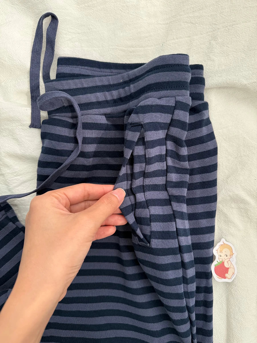 Navy Striped 2 Piece Sets Women Vintage Buttons Cotton Long Sleeve Tee Straight Trousers Home Sweet T-shirt Pant Pajama Set Y2K