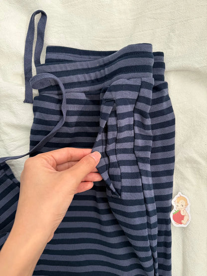 Navy Striped 2 Piece Sets Women Vintage Buttons Cotton Long Sleeve Tee Straight Trousers Home Sweet T-shirt Pant Pajama Set Y2K