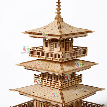 URY 3D Wooden Tower Ancient Pagoda Chinese Traditional Puzzle DIY Model Game Assembly Desktop Toy Gift for Adult