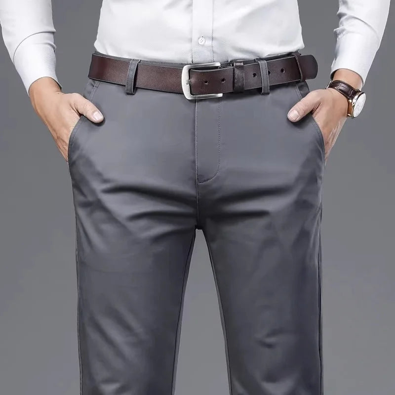 Spring Summer Casual Pants Khaki Black Straight Regular Fit High Waist Mens Pants Stretch Trousers for Male Size 40 42