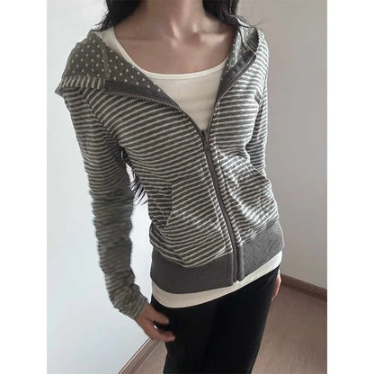Slim Fit American Style Hooded Cardigan Sweatshirt Women's Short Thin Autumn New Fashion Versatile Open Cardigan Striped Spot...