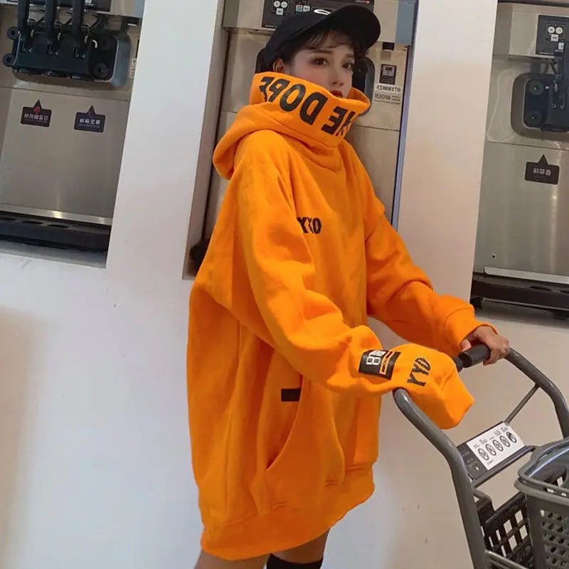 Autumn Winter New High Neck Loose Fit Long Sleeve Hoodie Women's Trendy Orange CEC Long Hooded Sweatshirt Comfortable Cotton