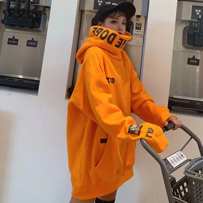 Autumn Winter New High Neck Loose Fit Long Sleeve Hoodie Women's Trendy Orange CEC Long Hooded Sweatshirt Comfortable Cotton