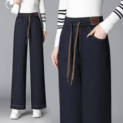 Women's Fleece Lined Wide Leg Pants High Waist Elastic Casual Mom Straight Leg Jeans Style Autumn Winter Fashion Loose Fit
