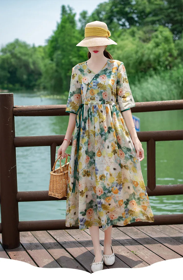 Women's Long Skirt Drawstring Waist Hemp Print A-Line Dress Korean Style Commute Flower Pattern V-Neck Summer Dress