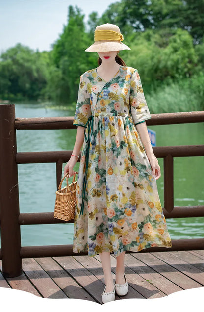 Women's Long Skirt Drawstring Waist Hemp Print A-Line Dress Korean Style Commute Flower Pattern V-Neck Summer Dress