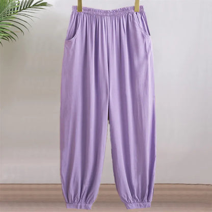 High Waist Lantern Pants Casual Cotton Silk Large Size Printed Long Trousers for Middle-Aged And Elderly Women