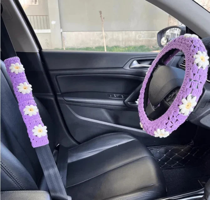 Warm Anti-Slip Hand Crocheted Flower Car Steering Wheel Cover Simple Stylish Winter Car Decor Safe Driving Seat Belt Accessory