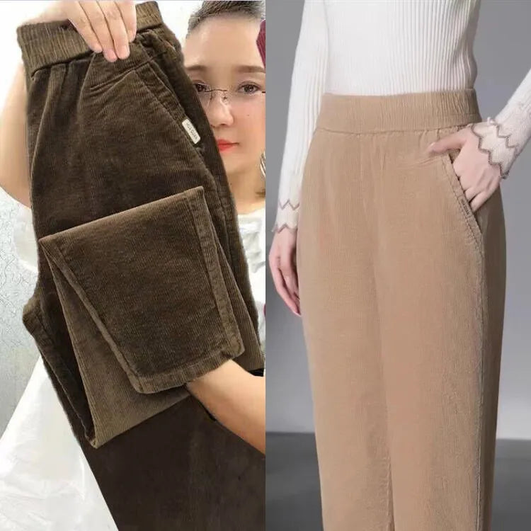 Autumn Winter Thickened Corduroy Casual Harlan Pants for Mom High Waist Loose Fit Straight Leg Casual Outerwear Polyester Fiber