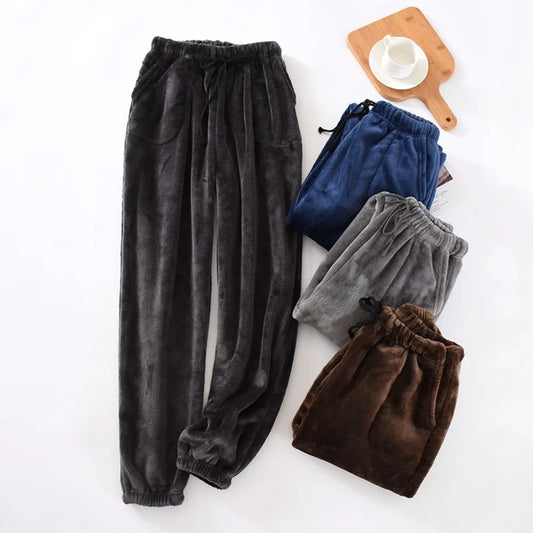 Mens Winter Fleece Lined Sleep Pants Warm Thickened Flannel Lounge Pants Elastic Cuff Homewear