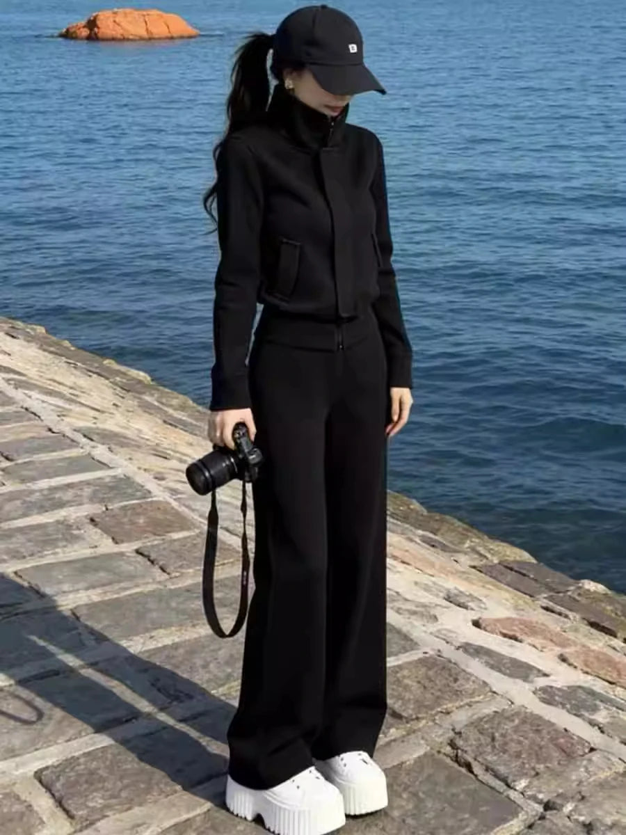 Korean Style Fleece Lined Thick Casual Sportswear Set Women Winter Stand Collar Jacket Wide Leg Pants Sweatshirt Two Piece Set