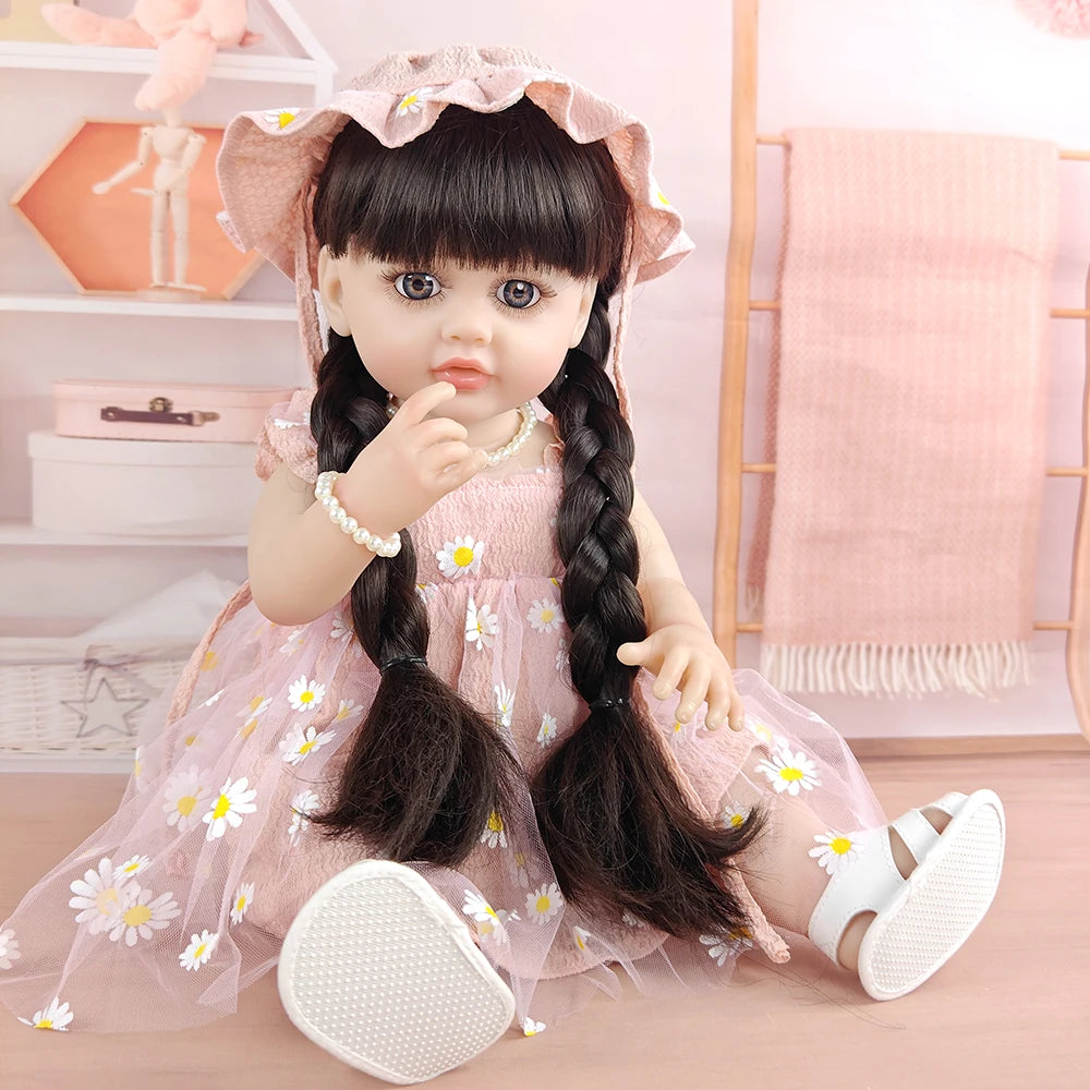 1pcs 55cm Realistic Reborn Baby Doll Soft Vinyl Body Long Blonde Hair Simulation Dolls Girl Toddler Companion Toy Festival Gift