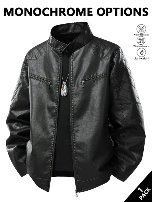Men's Stand-Up Collar Leather Jacket, Vintage Style, Windproof and Neck-Protecting, Suitable for Outdoor Light Activities, Layering in Autumn and Winter, Casual Outings, Wearing at Home, Warm-Up for Sports, Short Trips