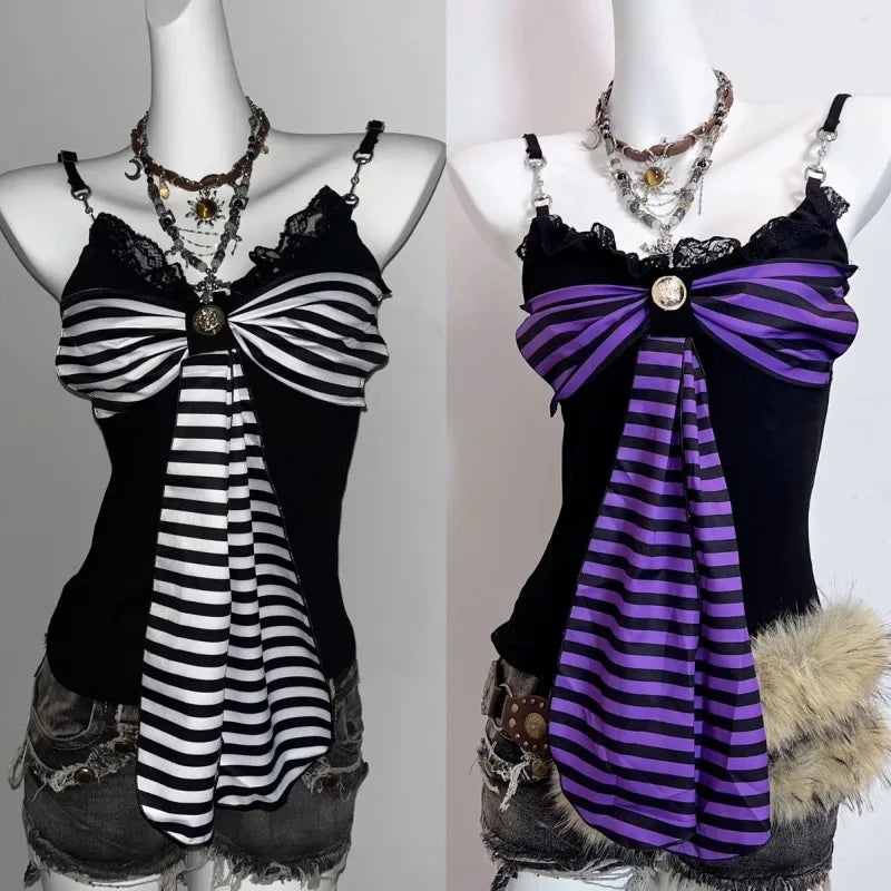 Goth Punk Y2K Clothes 2000s Stripes Lace-up Large Bows Slim Tank Tops Design Tops Streetwear Sexy Camis T-shirts Cute Halter Top