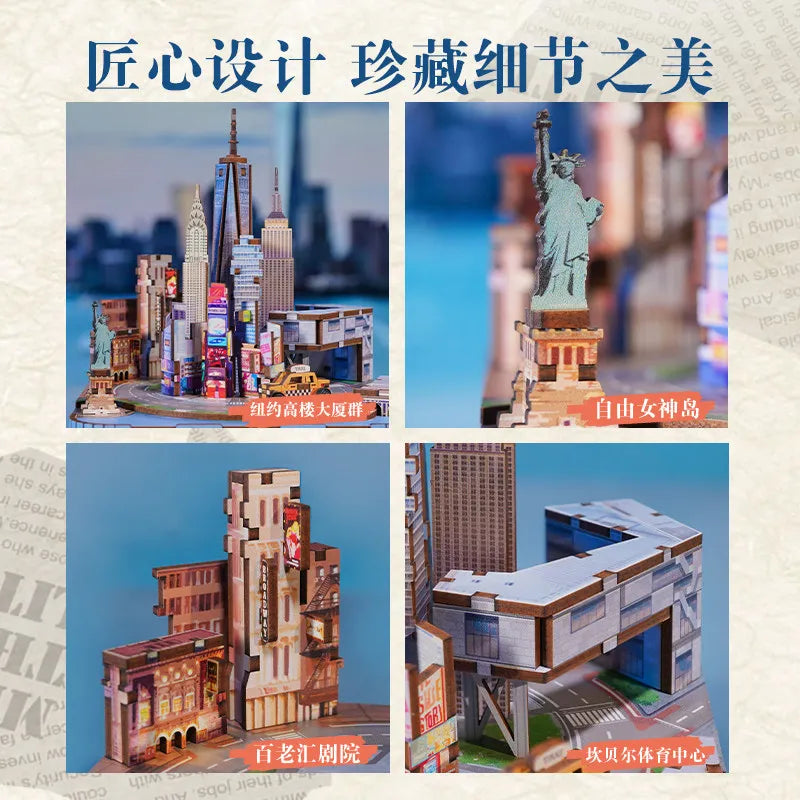 New Tonecheer New York London Paris Music Box Wooden Puzzle Blocks Diorama Model Kit 3D Wooden Doll Decoration Toy Birthday Gift