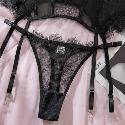 Willowy Women's Lingerie Sets Sexy Corset Bra Thong 2PC with Stockings Sheer Outfits Sissy Girl's Intimate Underwear