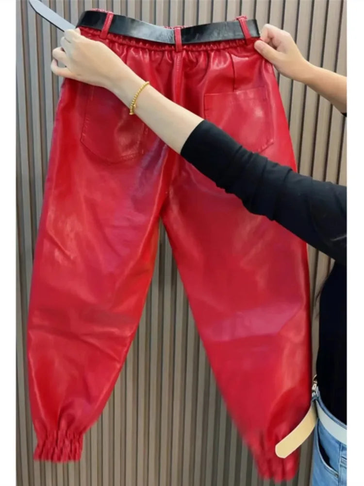 Autumn Winter Leather Pants Fashion High Quality Leg Windproof Plus Velvet Haren Pants All-Match Slimming Casual Trousers Women