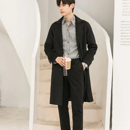Thickened Slim Fit Lapel Trench Coat for Autumn and Winter Long Woolen Overcoat for Men Double-Sided Woolen Cashmere Windbreaker
