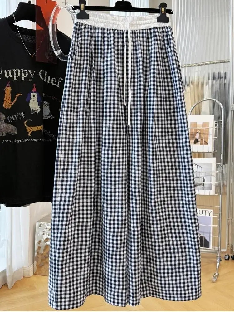 Retro Plaid Wide Leg Straight Pants Women Summer Thin Loose Casual Trousers 2026 Hot Fashion Youthful All-match Daily Pants