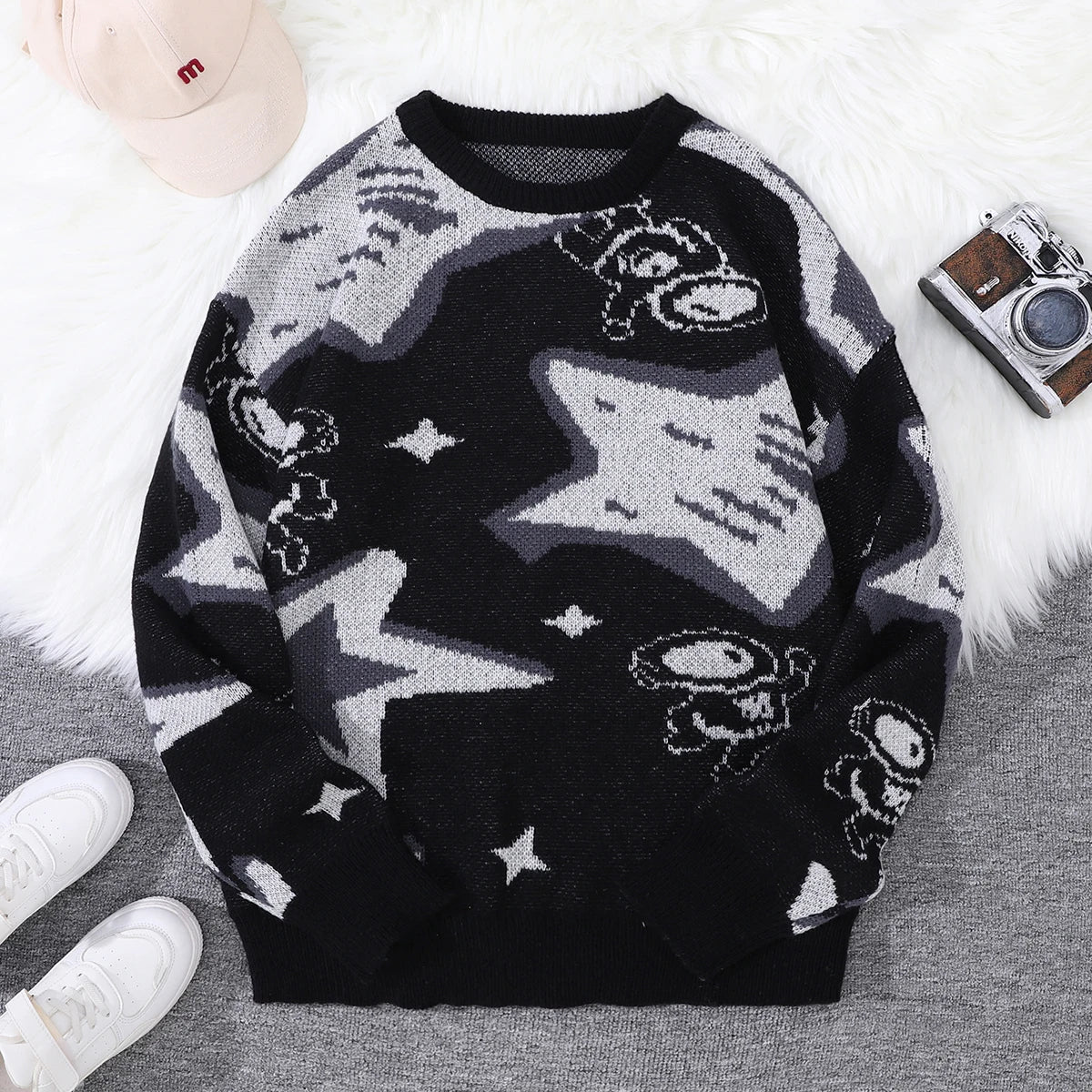 New Trendy Spring and Autumn Astronaut Reaching for the Stars Jacquard Pattern Pullover Sweater, Casual Round-Neck Color-Block Knit Men's Pullover, Suitable for Everyday Wear, Unisex Top for Going Out, Regular Fit, Suitable f