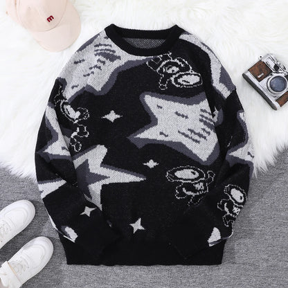 New Trendy Spring and Autumn Astronaut Reaching for the Stars Jacquard Pattern Pullover Sweater, Casual Round-Neck Color-Block Knit Men's Pullover, Suitable for Everyday Wear, Unisex Top for Going Out, Regular Fit, Suitable f