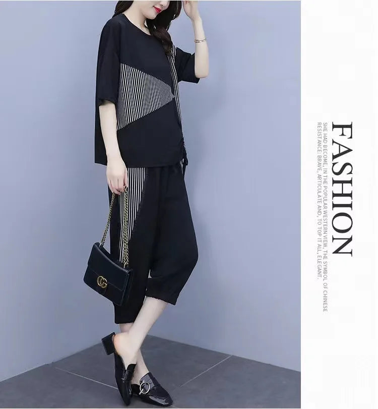 Summer New Style Women's Sporty Casual Short Sleeve TT Shirt Set Large Size Two-Piece Fashionable Korean Trendy Outfit