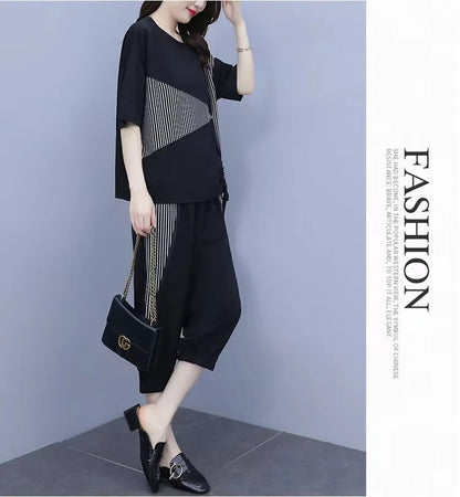 Summer New Style Women's Sporty Casual Short Sleeve TT Shirt Set Large Size Two-Piece Fashionable Korean Trendy Outfit