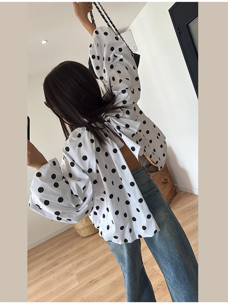 2026 New Women's Two-tone Polka Dot Shirt Mandarin Collar Puff Sleeve Backless Lace-up Spring Summer Loose Casual Fashion Top