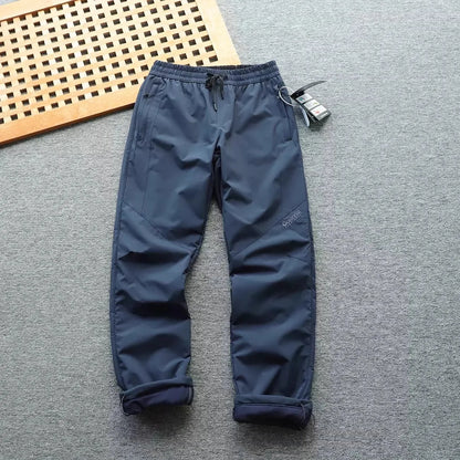 Men's Winter Outdoor Thickened Fleece Lined Windproof Water Resistant Double Layer Cotton Pants Straight Leg Casual Trousers