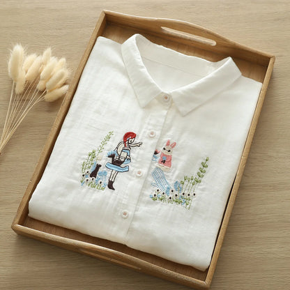Women's blouses trend 2026 loose cotton yarn white cartoon girl embroider shirts and blouses Japan style 3/4 sleeves top